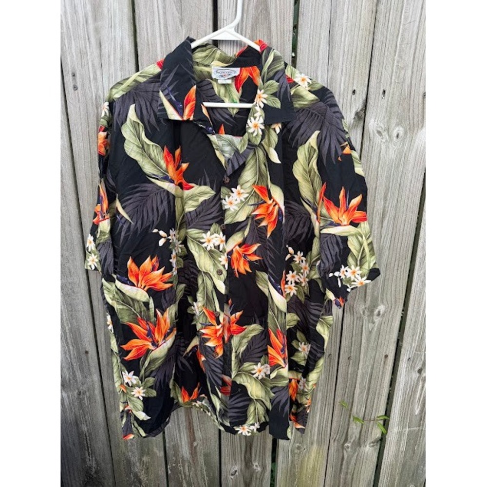 Tropical Hawaiian Aloha Pacific Legend Shirt 2XL Black Bird of Paradise Floral